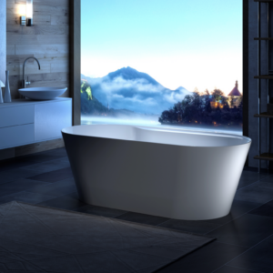 Amur 70.5"x32.5" freestanding soaking tub white full setup shot open air mountain bathroom carver bathtubs