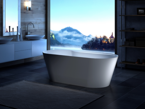 Amur 70.5"x32.5" freestanding soaking tub white full setup shot open air mountain bathroom carver bathtubs