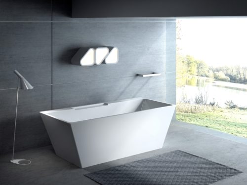 Kaskade 71.25"x32 freestanding soaking white tub full setup shot grey lakeside bathroom carver bathtubs