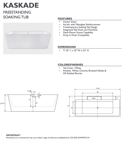 kaskade freestanding tub spec sheet carver tubs