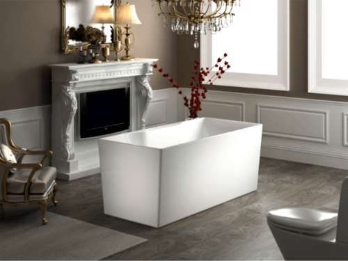 Arcadia 59"x27.5" freestanding soaking tub white full setup shot grey french bathroom carver bathtubs