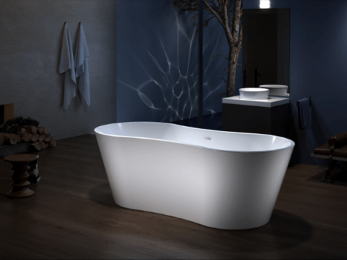 Bliss 68.5"x30" freestanding soaking tub white full setup shot modern woodland bathroom carver bathtubs