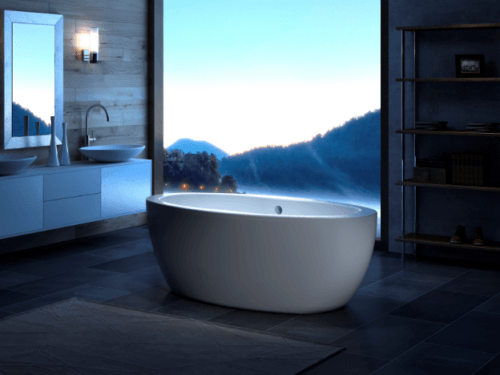 Contour 68"x36" freestanding soaking tub full setup shot modern open air mountain bathroom carver bathtubs