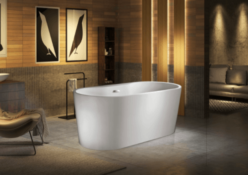 Reflection 59"x31.5" freestanding soaking tub full setup shot modern spa bird art bathroom carver bathtubs