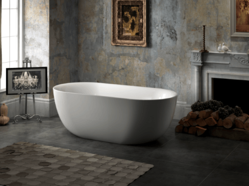 Tranquiity 59"x31" freestanding soaking tub full setup shot acorn log bathroom white carver bathtubs