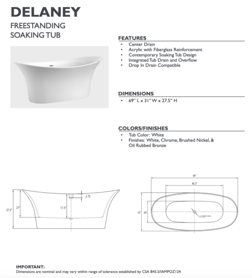 Delaney 69″ Freestanding Soaking Tub Only - Image 2