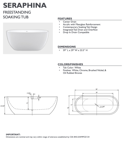 seraphina freestanding tub spec sheet carver tubs