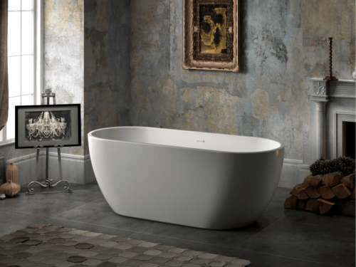 Seraphina 59x29 white freestanding soaking tub full setup shot interior carver bathtubs