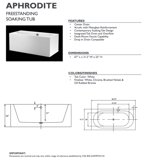 aphrodite freestanding bathtub spec sheet carver tubs