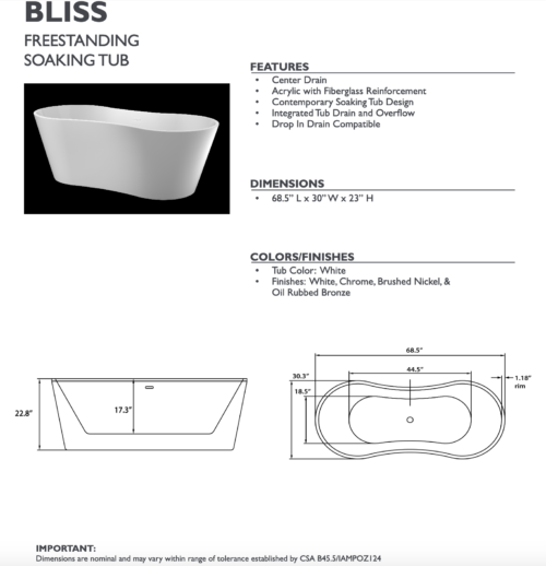 bliss freestanding bathtub spec sheet carver tubs