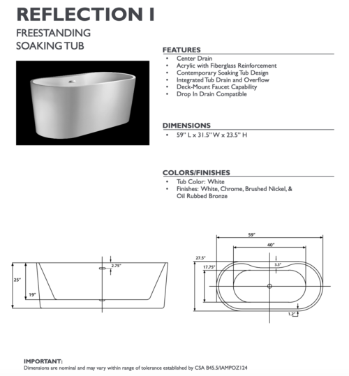 reflection I freestanding bathtub spec sheet carver tubs