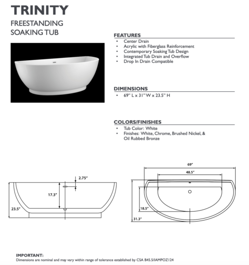 trinity freestanding bathtub spec sheet carver tubs