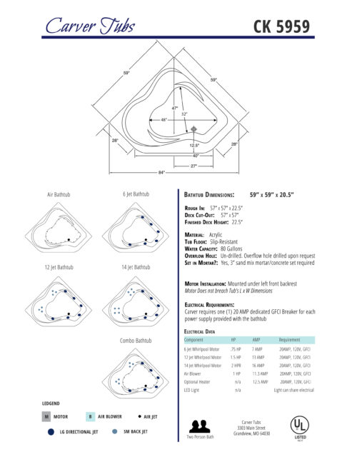 CK5959 - 59"L x 59"W x 20.5"H - Acrylic Drop In Corner Soaking Bathtub - Image 6