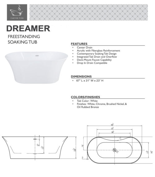 Dreamer 67″ Freestanding Soaking Tub Only - Image 2