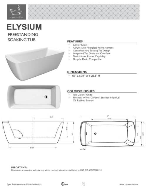 Elysium 67″ Freestanding Soaking Tub Only - Image 5