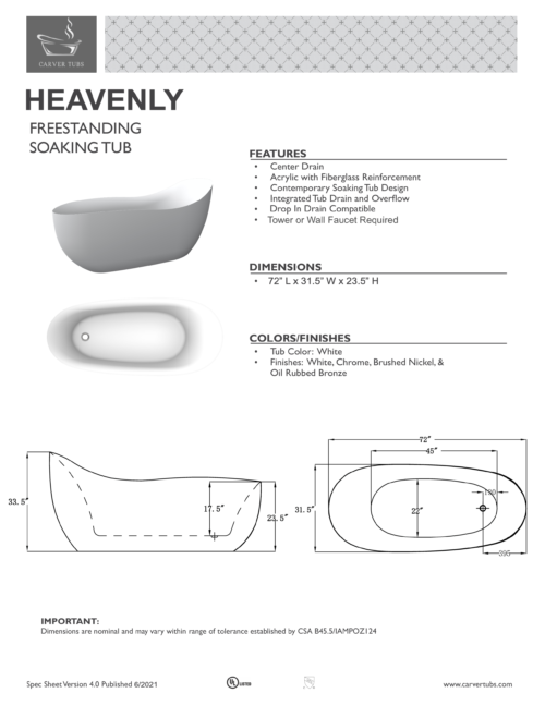 Heavenly 72″ Freestanding Soaking Tub - Image 5